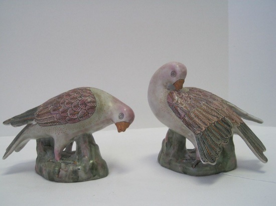 Pair - Semi Porcelain Chinese Style Bird Figurines Hand Painted