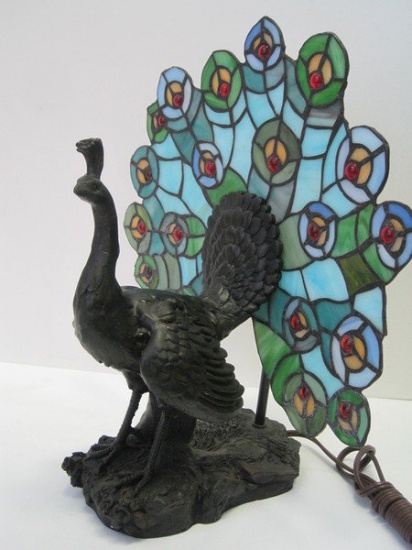 Tiffany Style Peacock Figural Accent Lamp Antiqued Bronze Finish