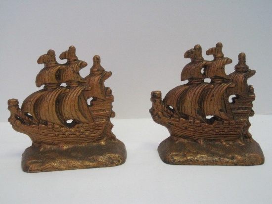 Pair - Vintage Cast Iron Schooner Sailing Ship Bookends Antiqued Gilded Patina
