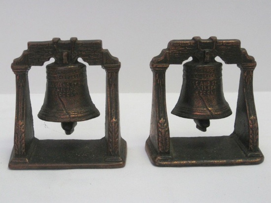 Pair - Cast Iron Liberty Bell Bookends Bronze Patina