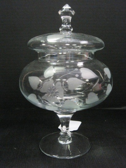 Hand Blown Crystal Pedestal Covered Candy Dish w/ Etched Frosted Flower/Foliage Design