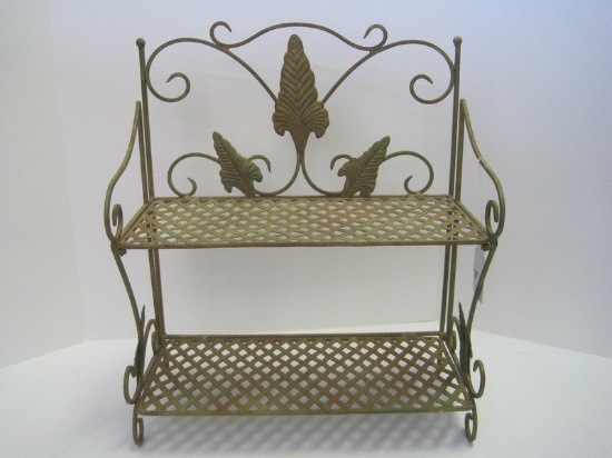 Decorative Metal 2 Tier Folding Accent Shelf w/ Leaves/Scroll Design