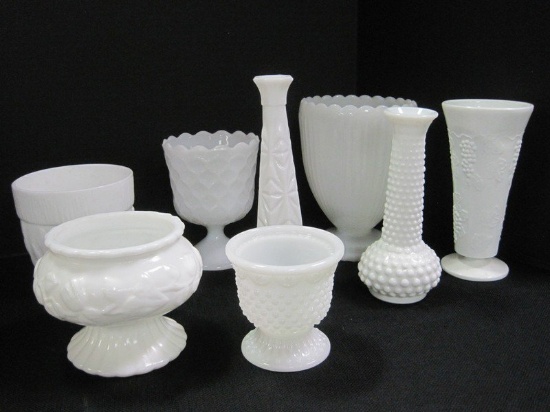 Lot - Milk Glass Hobnail, Grape, Vertical & Other Pattern Vases