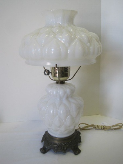 Milk Glass Quilted Diamond Design Font/Shade Victorian Era Style Parlor Lamp