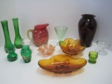 Lot - Pressed Glass Green Bud Vases, Ruby Vase