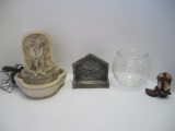 Lot - Pressed Glass Finish Bowl, Molded Cowboy Boot, Resin Bird Feeder & Table Fountain