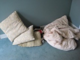 Lot - King Sized Down Filled Comforter, 2 Accent Pillows & Crocheted Afghan Blanket & Woven Rug