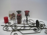 Lot - Wrought Iron Pillar Candle Stands, candles & Vase w/ Monogram D