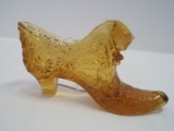 Fenton Amber Glass Daisy & Button Pattern Slipper w/ Cat