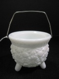 Milk Glass Daisy & Rutton Pattern Footed Cauldron w/ Wire Handle