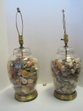 Pair - Glass Ginger Jar Style Table Lamps w/ Scalloped/Other Sea Shells on Brass Finish Base