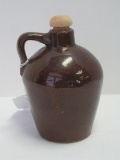 Small Pottery Brown Glaze Handled Jug w/ Wooden Cork Stopper