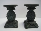 Pair - Resin Pineapple Design Candle Stick/Pillar Candle Stand Antiqued Verdigris Patina