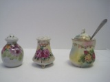 3 Pieces - Porcelain Hand Rosebuds Covered Condiment Jar & 2 Shakers