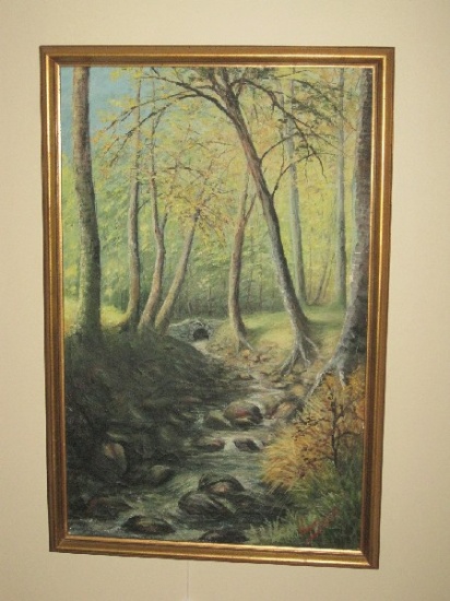 "Peinnre Spa" Oil on Canvas Forest w/ Babbling Brook Landscape Scene by Hoegne