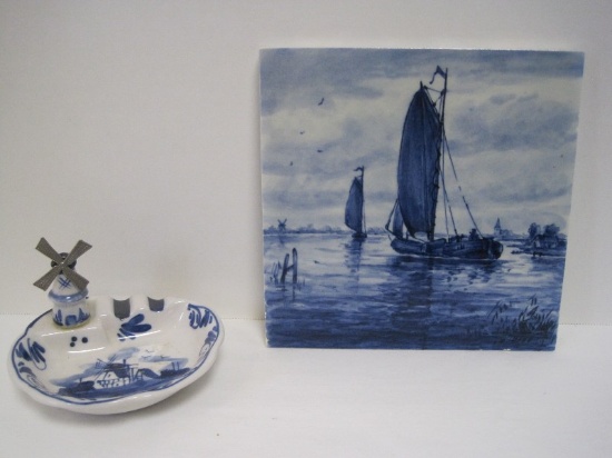 Lot - Delft Blue/White Novelty Figural Windmill Ashtray Hand Painted Top 3 1/2"