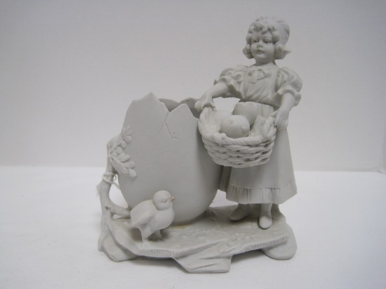 Bisque Girl Holding Basket Figurine w/ Chick & Egg Shape Planter