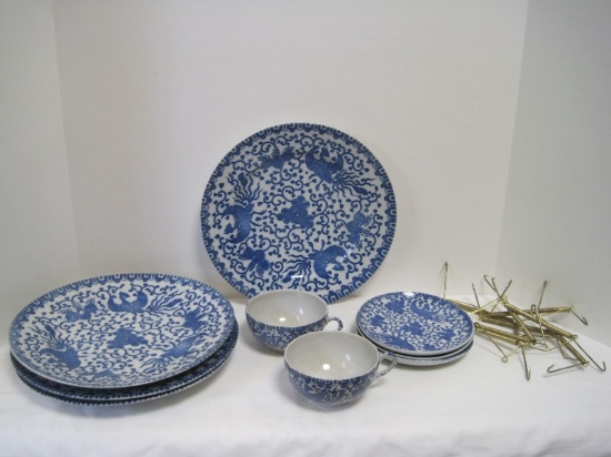 9 Pieces Blue & White Phoenix Bird Pattern Porcelain Dinnerware Blue Phoenix Birds