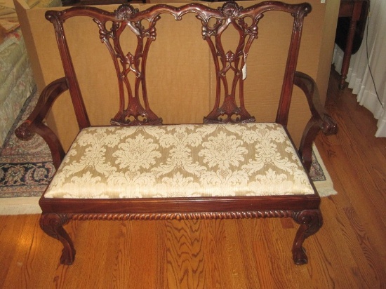 Elegant Mahogany Chippendale Style Settee w/ Intricate Carved Splats & Scalloped Shell