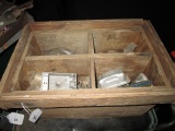 Wooden Storage Box w/ Contents, Misc. Tools, Nails, Metal Attachments, Etc.