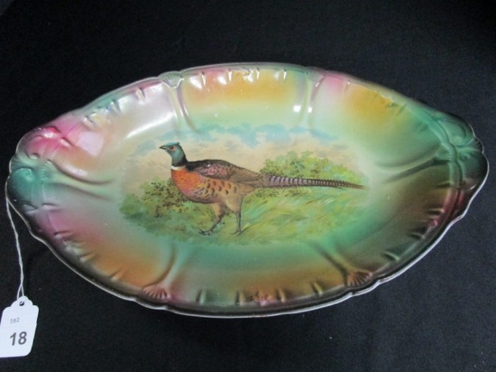 Pheasant Motif, Brown/Green/Purple Oval Dish, Scalloped/Ornate Rim