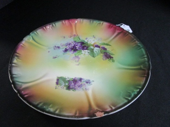 Purple Floral Motif Oval Dish, Scalloped/Ornate Rim