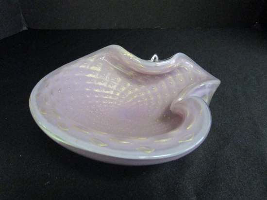 Purple Glass Scalloped Bowl/Art Bowl w/ Gilded Beaded Pattern