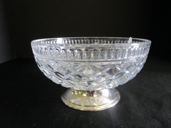 Crystal Glass Bowl Diamond Cut Pattern Star Base, Teleflora w/ Silverplate Base