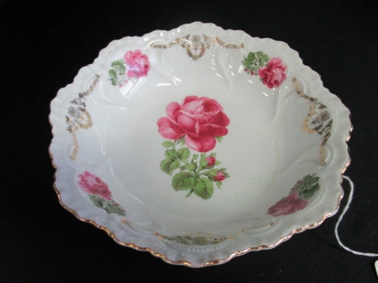 Rose Motif Ornate Gilted w/ Rim, Scalloped/Floral Ceramic Bowl