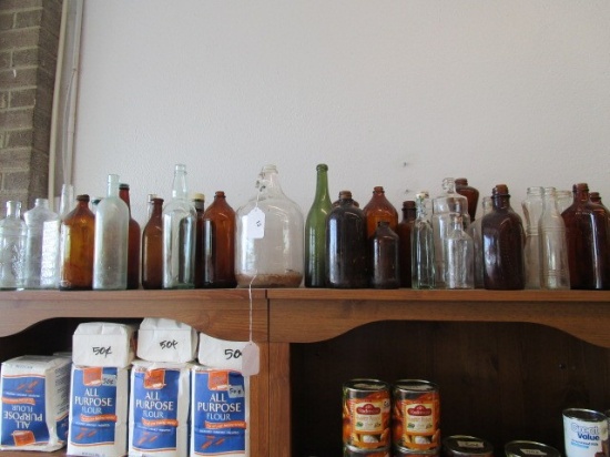 Lot - Vintage Bottles, Apothecary Bottles, Jugs, Jars, Patterned, Etc. Brown, Green, Clear