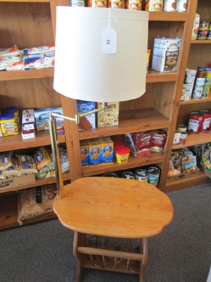 Wooden Side Table w/ Extendable Metal Lamp w/ Shade & Magazine Rack Base