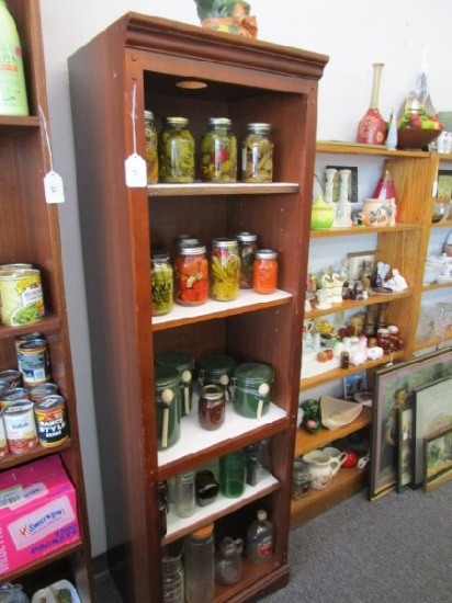 5-Tier Wooden Display Shelving w/ Contents, Amber/Green Glass Bottles, Etc.