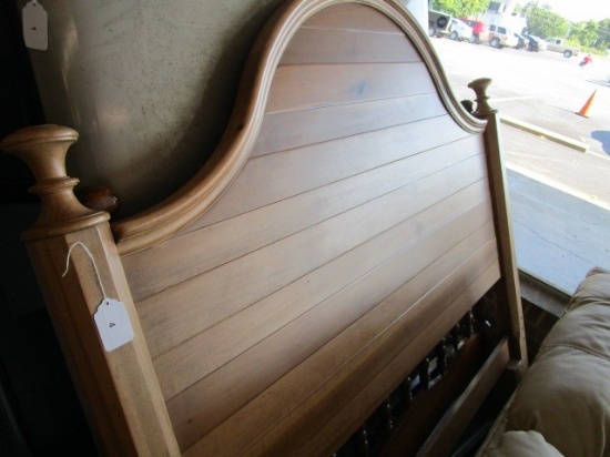 Pine Wood Headboard Bow Top Trumpet Finials, Panel Design w/ Rails/Casters