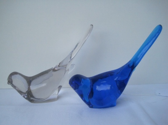 2 Fenton Glass Happiness Bird Figurines Blue/Clear w/ Polished Base