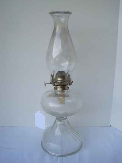 P&A Vintage Pressed Glass Pedestal Oil Lamp w/ Chimney Beaded Trim