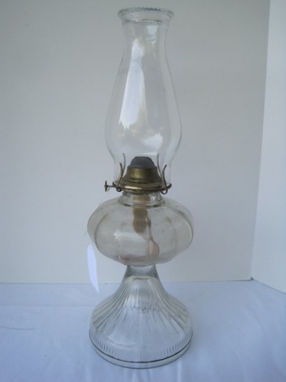 P&A Vintage Pressed Glass Pedestal Oil Lamp w/ Chimney Beaded Trim