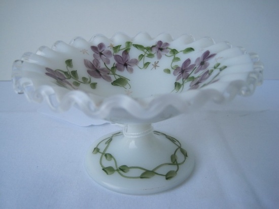 Fenton Glass Silver Crest Violets in The Snow Pattern Compote