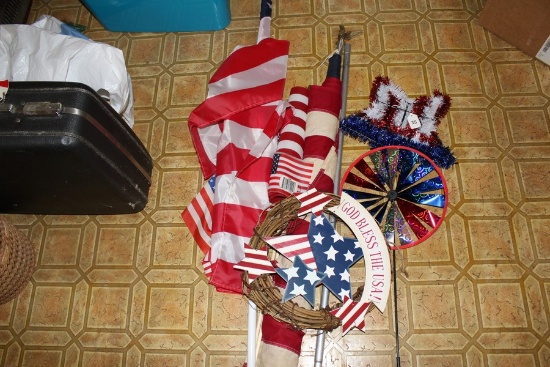 Lot - American Flags, Various Sizes, 1 w/ Metal Pole, Tinsel Star, Etc.