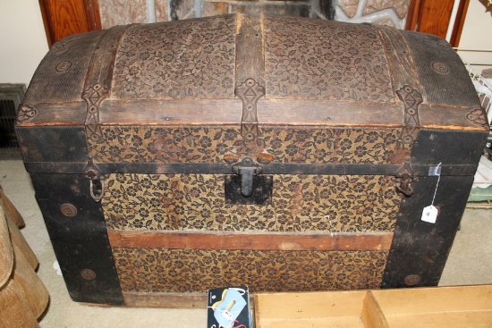 Early Camel Back Steamer Trunk  Embellished Floral Design w/ Tin/Wood trim and Tray Insert