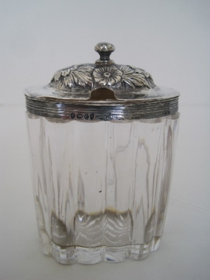 W.B. Sterling English Hallmark Repousse Design Hinged Lid, Crystal Base, Condiment Dish