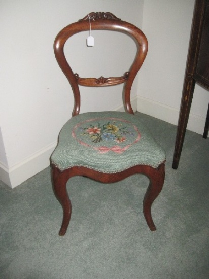 Walnut French Inspired Balloon Back Chair w/ Floral Spray Petit-Point Upholstered Seal