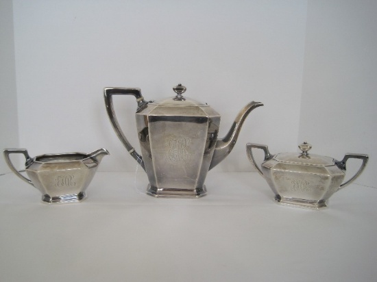 Sterling 3 Piece Tea Services Fairfax Pattern Classic Design Teapot 2 3/4 Pints w/ Hinged Lid