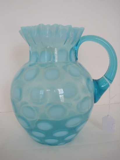 Fenton Blue Opalescent Coin Dot Pitcher Jug w/ Applied Handle, Ruffled Crimped Edge