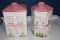 Pair - Colonial House Design Cookie Jars, White w/ Pink Lids