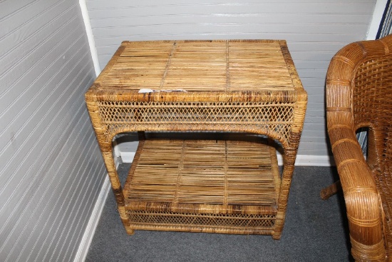 2-Tier Wicker Lattice Side Table, Square Top w/ Curved Sides