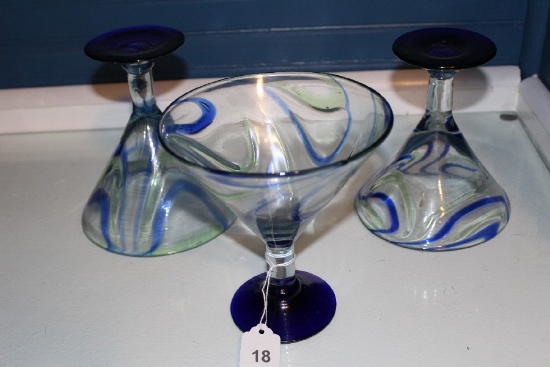 3 Blue/Green Swirl Glass Margarita Glasses