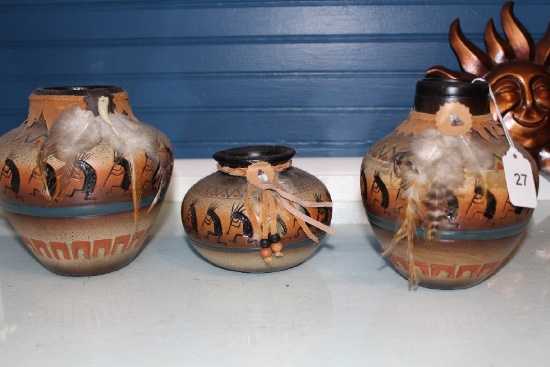 3 Kokopelli Man Motif/Pattern Pots Various Sizes