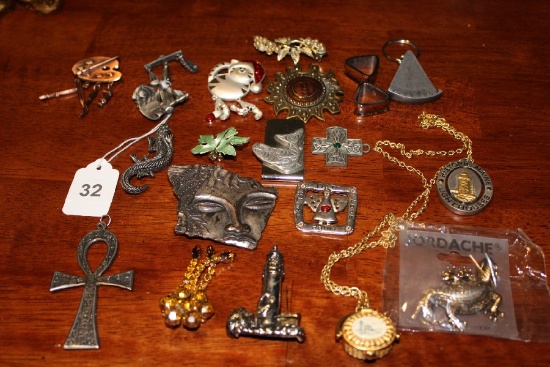 Lot - Misc. Metal Pins Liberty, Artist, Lighthouse, Sun Face, Jordanche Lizard Pin, Etc.