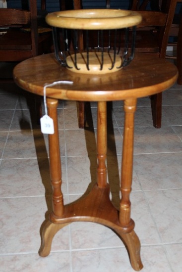 Round Top Wooden 2-Tier Side Table, Tri-Legged Base, Carved Motif