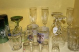 Lot - Misc. Glass, 3 Crystal Glass Champaign Flutes, 2 Green Glass w/ White Floral Patterns